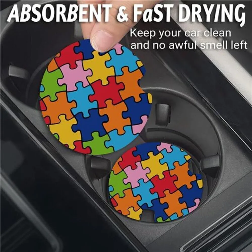 Car Cup Coasters Puzzle Pieces  2-Pack Cup Holder Anti Slip Rubber Vehicle